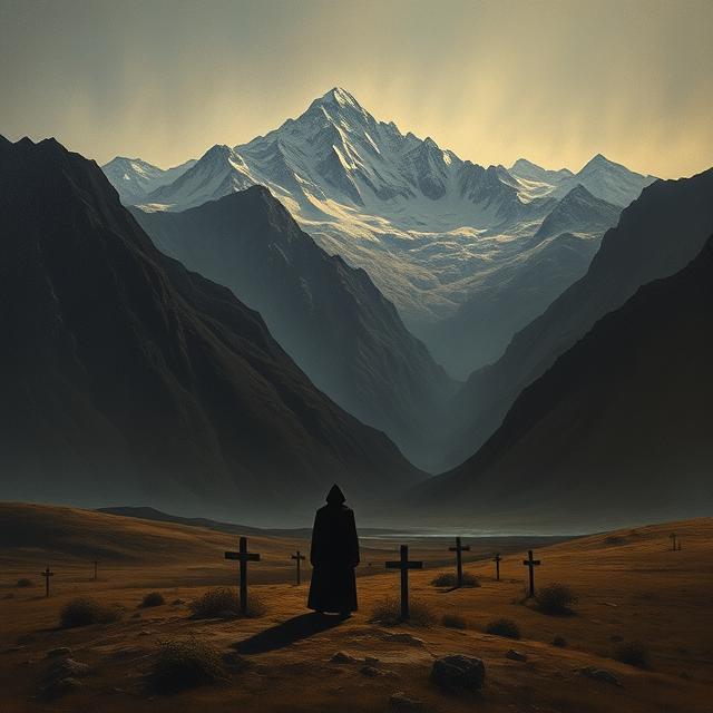 A stark and unsettling image of the Andes Mountains, perhaps with a shadowy figure lurking in the foreground or a series of small, simple crosses scattered across the landscape, symbolizing the lost victims.