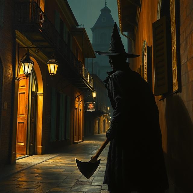 A shadowy figure lurking in a dimly lit, historic New Orleans street at night, holding an axe. The faint sound of jazz music seems to emanate from a nearby building.