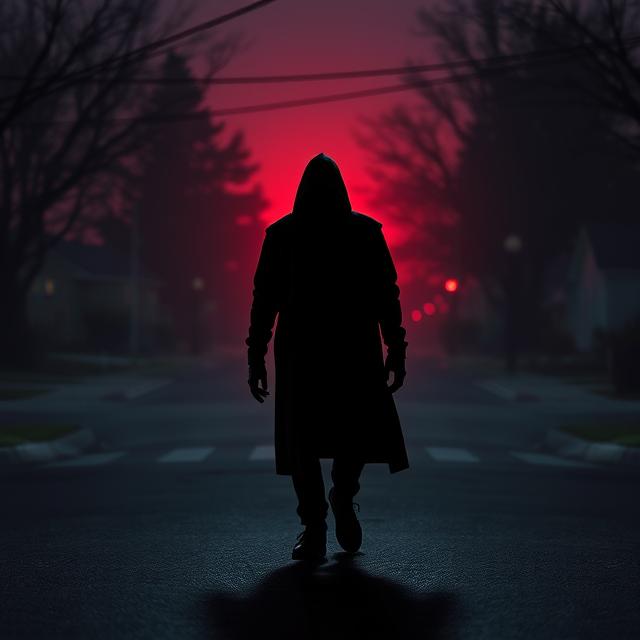 A stark and unsettling image depicting a shadowy figure lurking in a darkened suburban street in Sacramento, with a subtle, almost blood-red hue in the background,