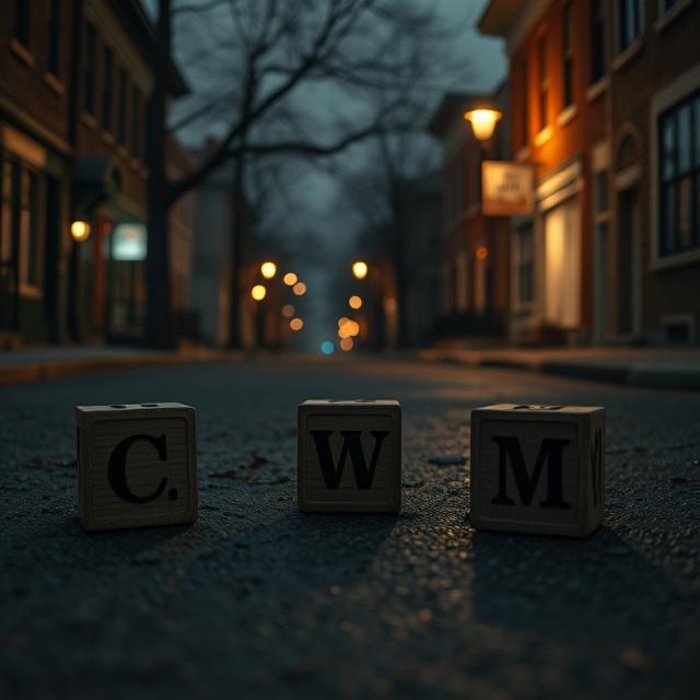 A stark and unsettling image of children's alphabet blocks scattered on a dimly lit street in Rochester, New York, with three of the blocks prominently displaying the letters "C," "W," and "M," hinting at the victims and locations of the Alphabet Murders.