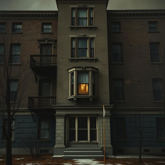 A stark and unsettling image of the exterior of the Oxford Apartments building in Milwaukee,