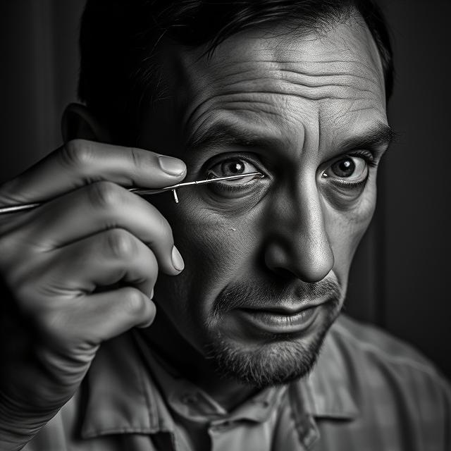 A stark and unsettling black and white image depicting a doctor (resembling Walter Freeman) holding an ice pick-like instrument near his eye with a vacant stare.