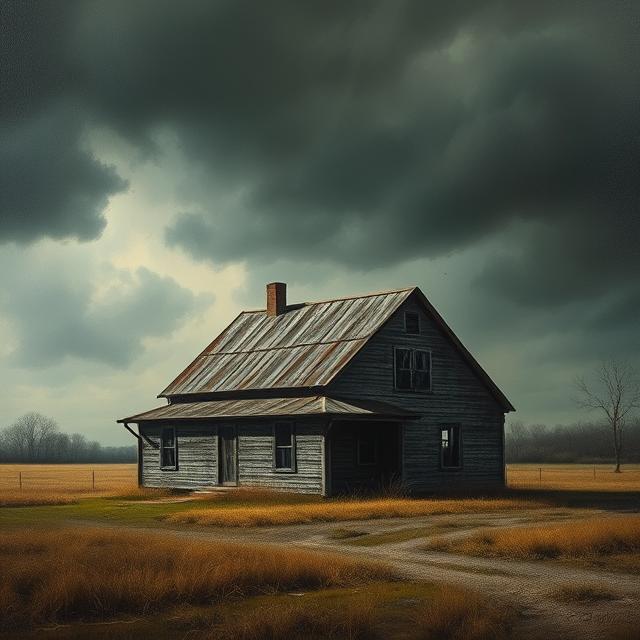 A stark and unsettling image of a weathered, isolated farmhouse in rural Wisconsin under a gloomy sky.
