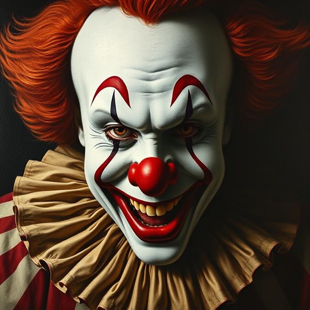 A stark and unsettling image juxtaposing the cheerful face of a clown with a shadowy, menacing figure lurking behind it.