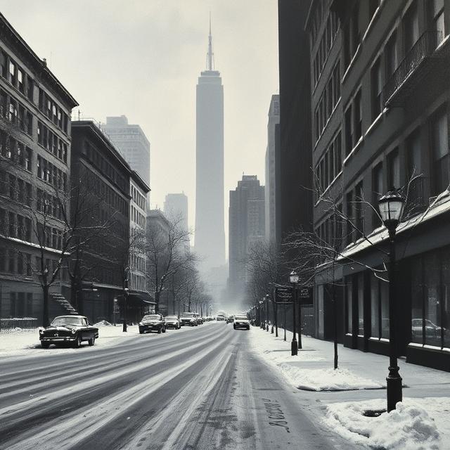 A somber, black and white image of 1950s Chicago, focusing on a quiet, snow-covered street