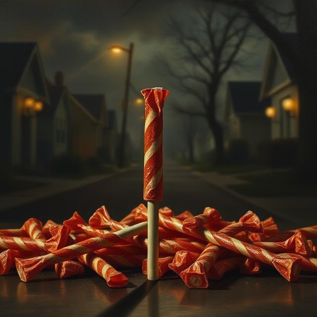 A stark and unsettling image of Halloween candy, with a single Pixy Stix candy prominently displayed and subtly altered to appear menacing or tainted.