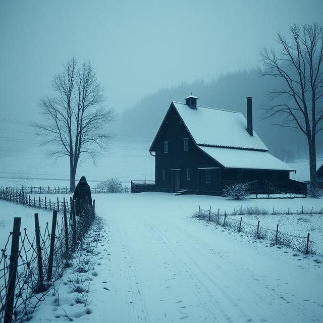 A stark and unsettling image of a remote, snow-covered farmhouse in a rural Bavarian landscape,