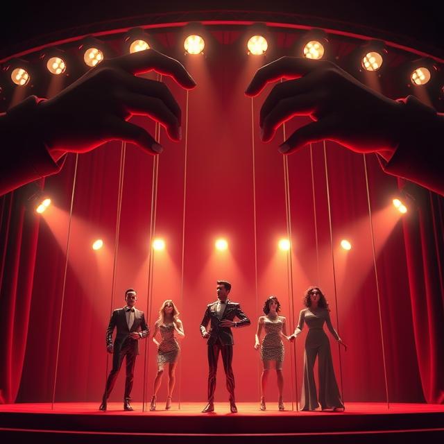 A stylized image depicting a marionette stage with bright spotlights shining on glamorous celebrity figures. Above them, shadowy, oversized hands are subtly visible, holding the strings.