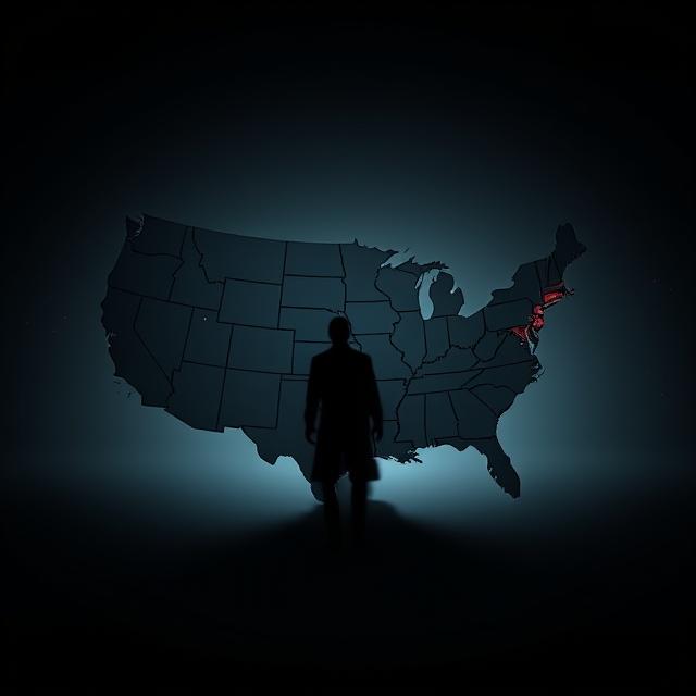 A stark and unsettling image depicting a map of the United States with subtle, almost invisible lines connecting various remote locations, hinting at Israel Keyes's cross-country movements and the hidden locations of his kill kits.