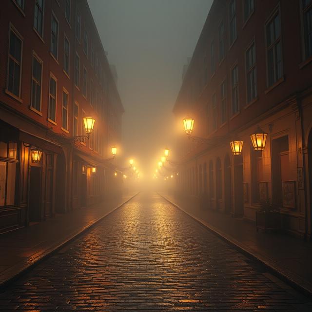 A dramatically lit, panoramic image of a foggy, cobbled street