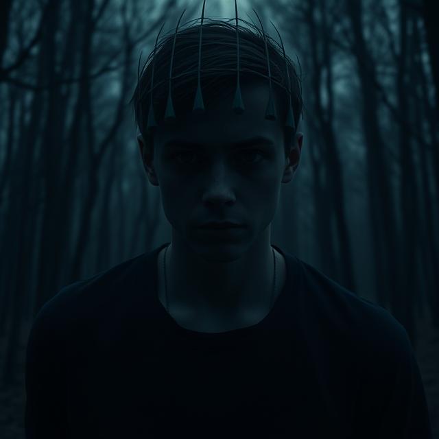 A stark and unsettling image featuring a distorted and shadowy figure of a teenager, with a hint of psychedelic colors