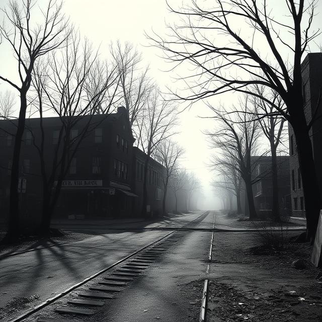 A stark, black and white image of the desolate Kingsbury Run area in Cleveland during the Depression era.