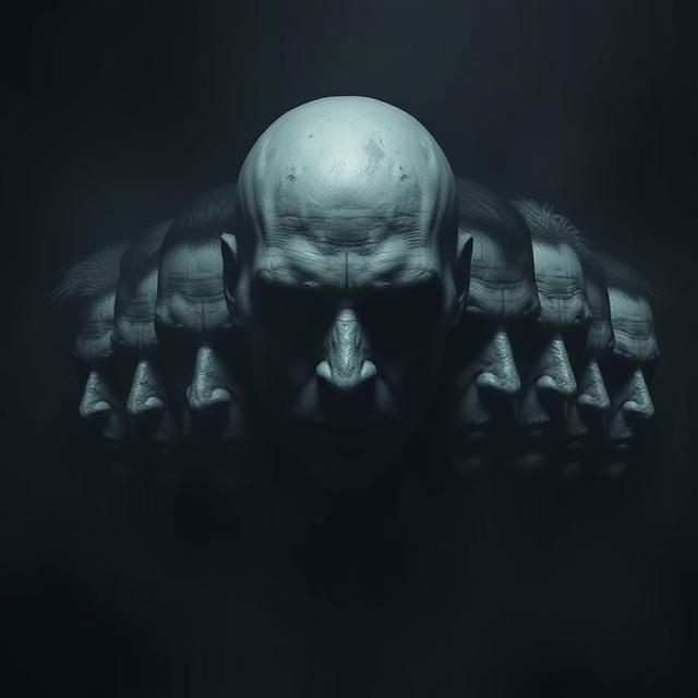 a collage of ten shadowy, distorted faces, each subtly hinting at a different form of darkness or violence.