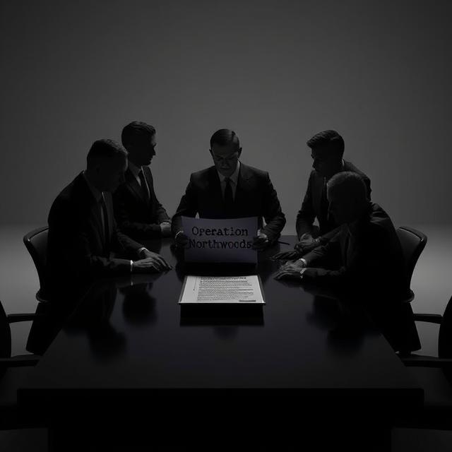 A stark, black and white image depicting a shadowy group of figures in suits around a table, examining a document with the title "Operation Northwoods."