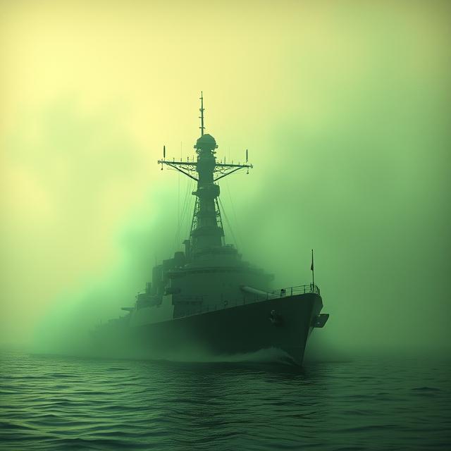 A grainy, vintage-style image of a naval destroyer escort (resembling the USS Eldridge) partially obscured by a strange, swirling green fog.