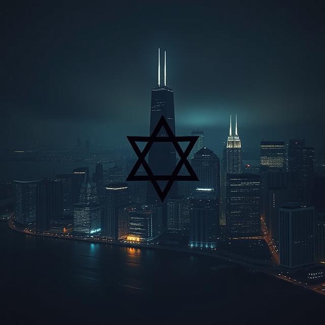 A dark and unsettling image of the Chicago skyline at night, with a subtle, ominous symbol