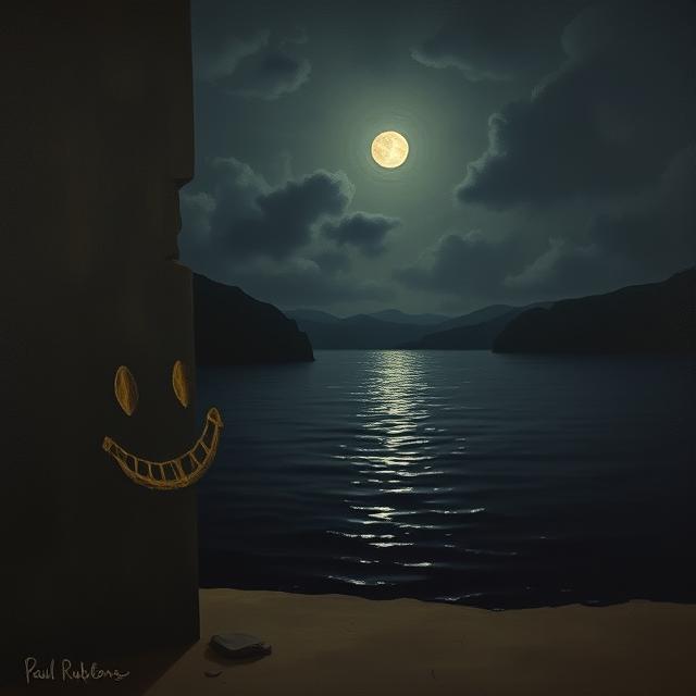 A dark and slightly unsettling image of a body of water at night, with a crudely drawn "smiley face" symbol faintly visible on a nearby wall