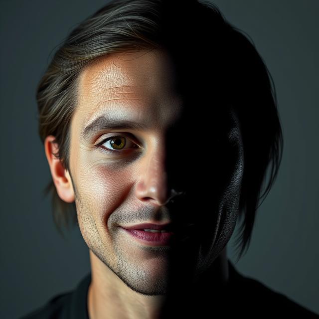 A split image. One side depicts a seemingly normal, friendly-looking individual, the other side shows a dark, shadowy silhouette hinting at a monstrous inner nature.