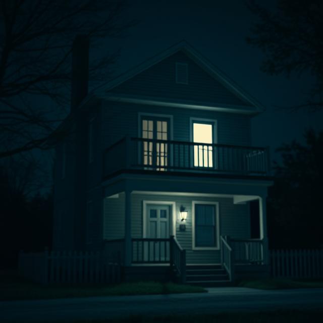 A slightly blurred image of a two-story house at night, with a faint light visible on the second-floor balcony.