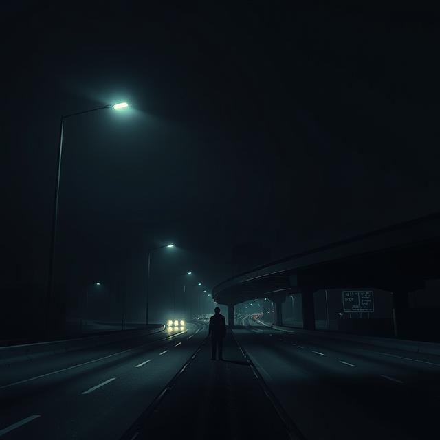 a dimly lit highway overpass at night in Washington D.C. The shadows are deep and foreboding, with a faint, almost ghostly silhouette of a figure standing on the shoulder of the road.