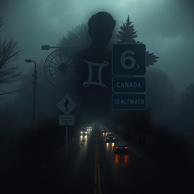 A shadowy and fragmented image depicting a Canadian highway at night,