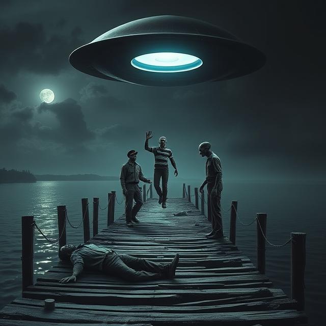 a rickety wooden pier on a dark, moonlit river at night. Two men in 1970s work attire are visible; one has fainted on the wooden planks, while the other is being levitated a few feet off the ground, his body rigid with paralysis.