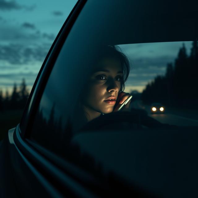 Inside the car, a young woman can be seen, her face illuminated by the glow of a cell phone she is holding to her ear. Her expression is one of visible fear and desperation.