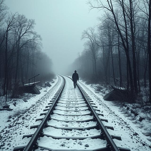 desolate, snow-covered landscape in the Soviet Union. A faint, shadowy figure is walking along a railway track, while blurred, ghostly outlines of victims seem to emerge from the surrounding woods.