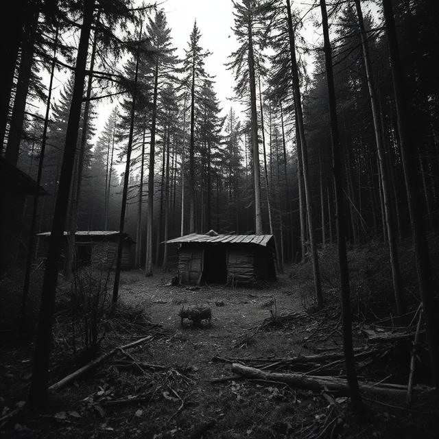 A desolate and overgrown clearing in a dense Canadian forest. In the center, a crude, dilapidated shack