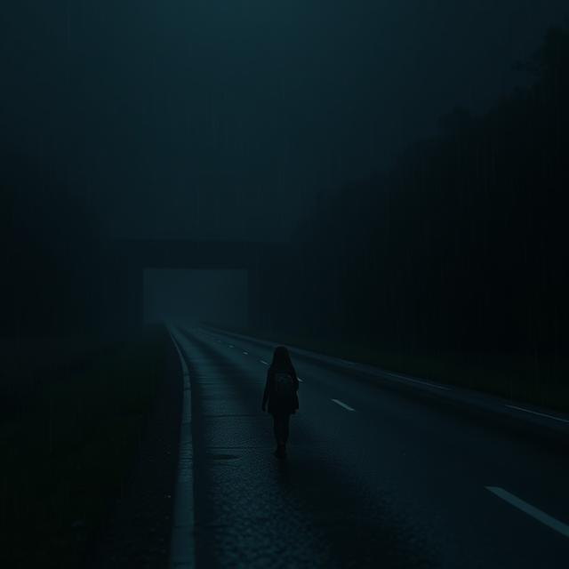 a dark, rural highway at night with heavy rain. A faint, small silhouette of a young girl with a backpack is subtly visible walking alone on the shoulder of the road, heading into the darkness.