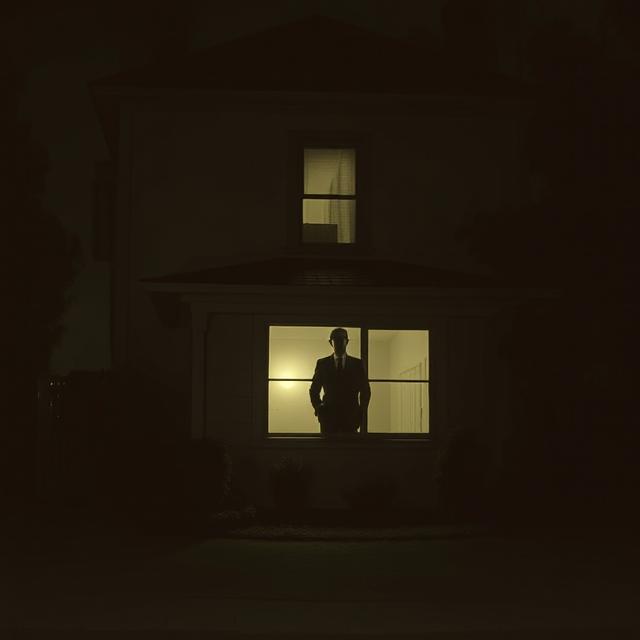 vintage 1920s Los Angeles house at night. A single, ominous shadow of a man cast across a ground-floor window