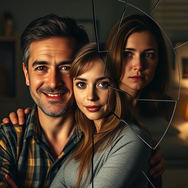 a close-up, seemingly wholesome family portrait shows a smiling man with his arm around his young wife. On the right side, the same photo is fractured and dark. In the cracked pieces, you can see the face of his teenage daughter, looking lost and afraid,