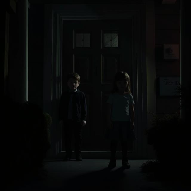 a dark, suburban doorstep at night. Two children, a boy and a girl, are standing in the shadows, their faces partially obscured, but their eyes are completely, unnervingly black.