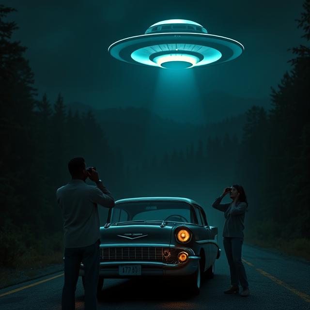 An interracial couple, Betty and Barney Hill, are standing by their 1957 Chevrolet Bel Air, which is pulled over on a dark, winding mountain road at night. The car's headlights cut through the darkness, illuminating a dense forest of pine trees. Above them, partially obscured by the trees, a large, silent, disc-shaped craft hovers, its underside glowing with an eerie, soft blue light. Barney is looking up through binoculars, his face a mask of pure terror and disbelief. Betty stands beside him, her hand on his arm, her expression a mixture of fear and awe.