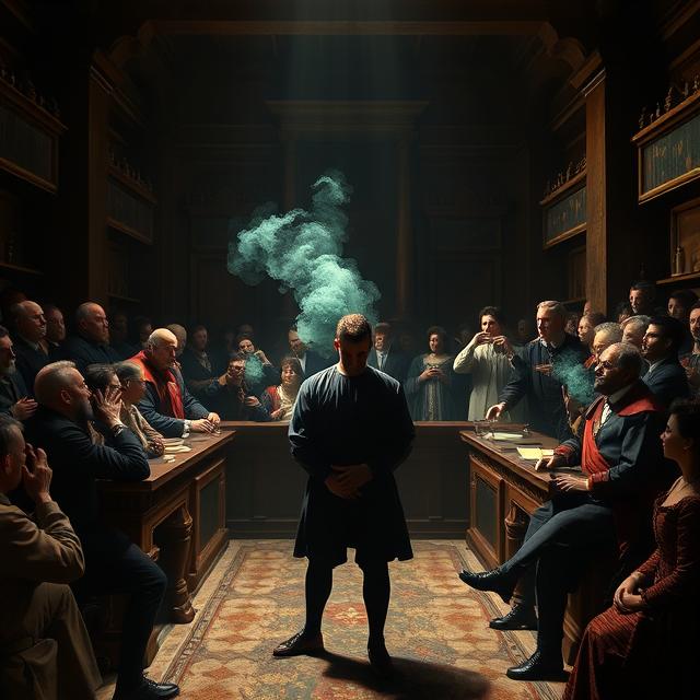 a chaotic 16th-century English courtroom. In the center, a defiant, shackled prisoner stands in the dock, glaring at the richly robed judges on the bench. One of the judges is seen recoiling, clutching his head in sudden pain. Jurors and spectators in the crowded gallery look on with expressions of confusion and growing horror. A visible, sickly green, smoke-like vapor seems to rise from the prisoners in the dock and drift towards the officials.
