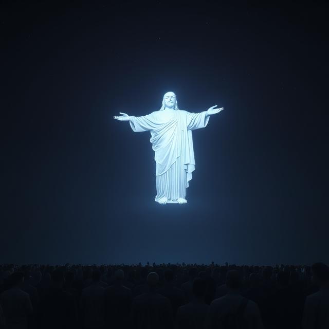 A vast, dark night sky over a bewildered crowd of people looking up. In the sky, a giant, shimmering, translucent holographic projection of a classical religious figure