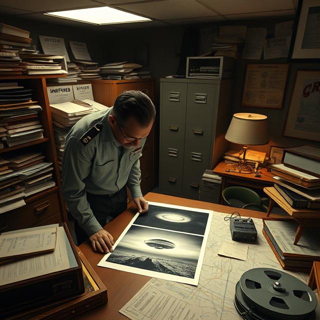 a cluttered office at Wright-Patterson Air Force Base. An Air Force officer is hunched over a light table, examining a grainy, black-and-white photograph of a disc-shaped object in the sky. The office is filled with filing cabinets overflowing with case files