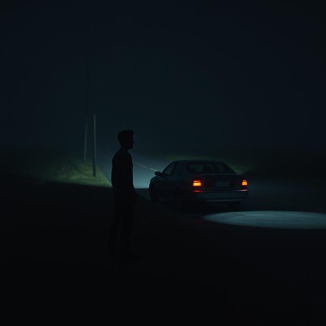 A desolate, dark rural road at night, with a car subtly angled in a ditch. A faint, almost ghostly silhouette of a young man can be seen standing near the car, looking into the darkness