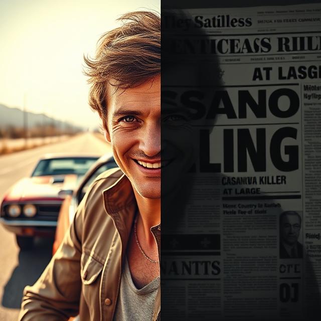 A stylized, 1970s-era photo composite. On the left side, a handsome, charismatic man with piercing eyes and a confident smile is seen leaning against a classic American muscle car on a sun-drenched highway.