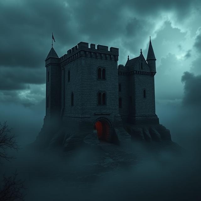 Houska Castle, under a stormy sky and shrouded in mist.