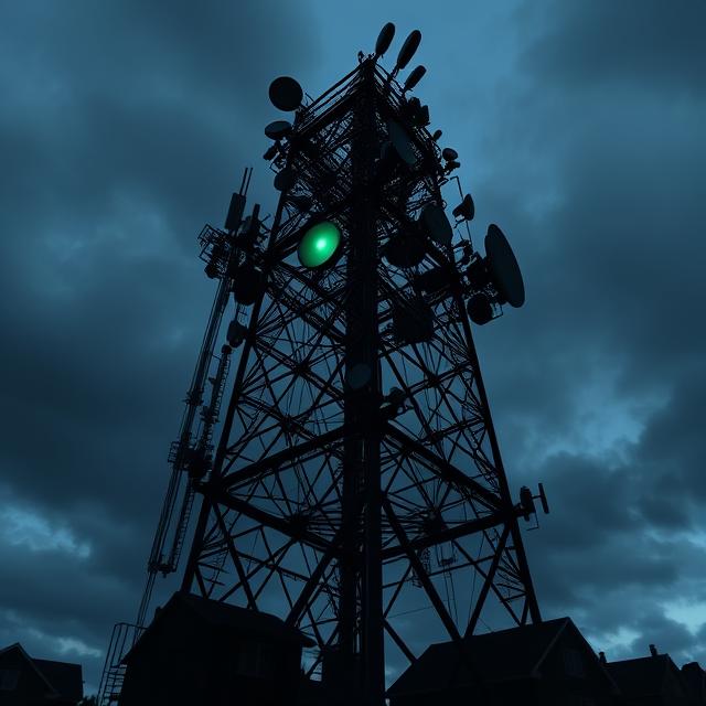 a massive, complex cell phone tower from its base. It is silhouetted against a stormy, dark twilight sky. The tower is bristling with an unusually large number of antennas, dishes, and strange, non-standard cylindrical devices. A faint, eerie, greenish light emanates from some of these devices, pulsing subtly.