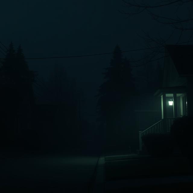 A dimly lit, suburban residential street in British Columbia at night. A subtle, shadowy figure could be seen in the distance, partially obscured by trees or fog, hinting at an unseen presence. In the foreground, a house with a single, faint light on, creating an atmosphere of quiet dread and lurking menace.