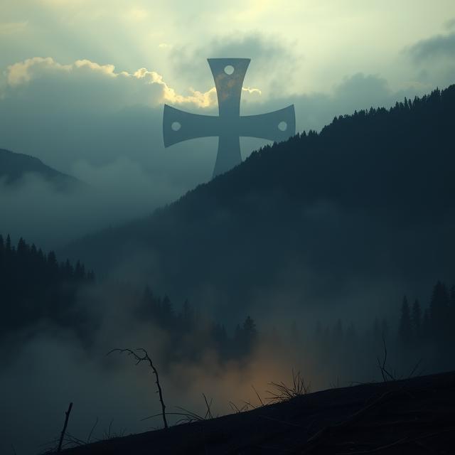 a serene, mountainous forested, landscape subtly marred by faint, eerie smoke and charred remnants in the foreground.