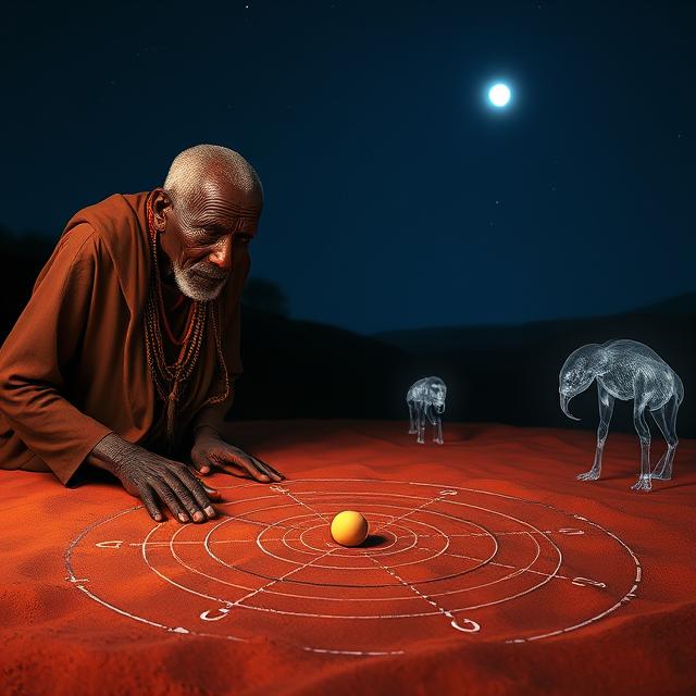 A dramatic, mystical scene set in a Dogon village on the Bandiagara Escarpment at twilight. A wise, elderly Dogon elder (a Hogon) with intricate scarification marks on his face is drawing a complex cosmological diagram in the reddish sand. The diagram shows the elliptical orbit of a small star around a much larger, brighter one. In the deep blue night sky above, the star Sirius is intensely bright, and a faint hint of its invisible companion can be imagined.