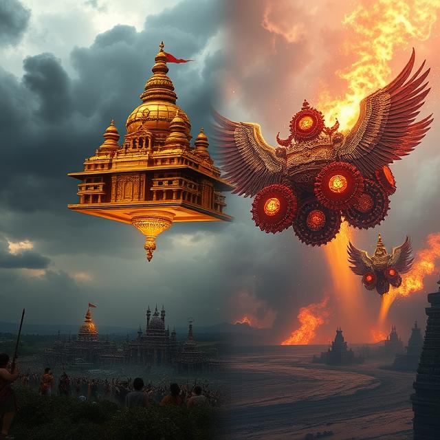 On the left side, a magnificent, multi-tiered golden palace (a Vimana) floats in a stormy, cloud-filled sky above a battle from the Indian epic Mahabharata. It glows with an internal light, and intricate carvings are visible. On the right side, a complex, terrifying celestial object (Ezekiel's Chariot) descends from a fiery whirlwind above a desolate Babylonian landscape.