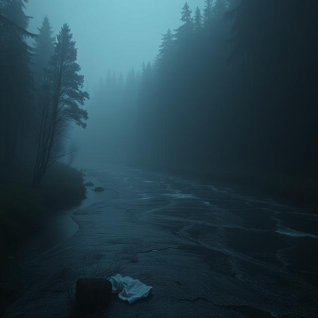 Green River flowing through a dark, wooded area in the Pacific Northwest with a shadowy figure near the riverbank