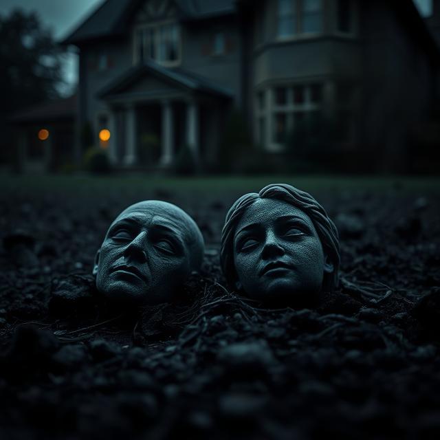 two small, crudely carved stone heads (one male, one female) lying on dark, disturbed earth in a garden. The background shows a dimly lit, slightly blurred, traditional English home.
