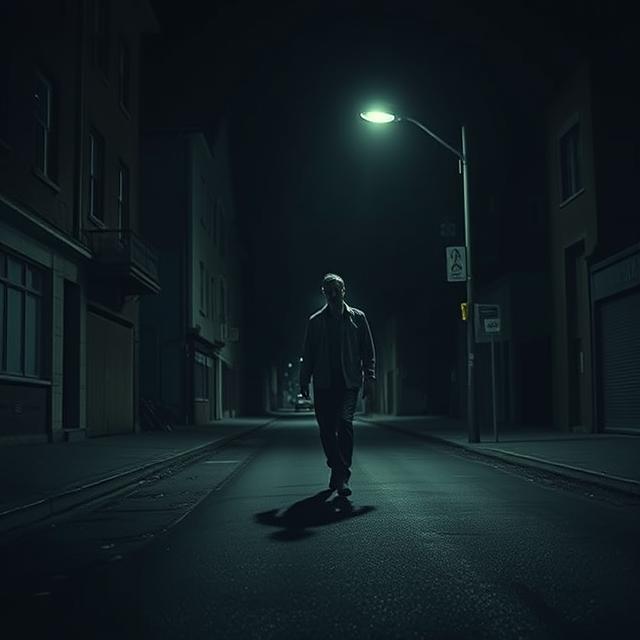 A dark, empty urban street at night, with a single, flickering streetlight casting long shadows. In the distance, a tall, slender male figure is subtly visible, moving with an unnatural, disjointed gait.