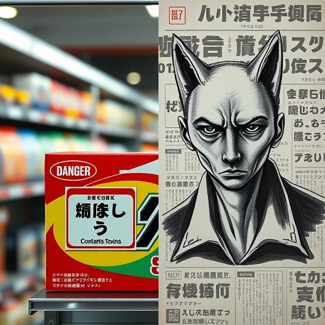 a close-up of a brightly colored, 1980s-era Japanese candy box (like Glico or Morinaga) sitting on a supermarket shelf. A small, ominous sticker with Japanese characters reading "Danger: Contains Toxins" is slapped on the front. On the right side of the image, the iconic police sketch of the "Fox-Eyed Man" is shown in stark black and white, his strange, memorable features staring out at the viewer.