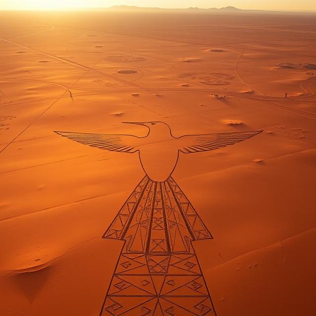 A breathtaking, high-angle aerial photograph capturing the vastness of the Nazca desert in Peru at sunrise. The warm, golden light casts long shadows, accentuating the massive geoglyph of the hummingbird etched into the reddish-brown desert floor. The intricate lines of the bird figure are perfectly clear and precise. In the distance, other geometric lines and shapes can be seen stretching for miles towards a hazy mountain range on the horizon. The scale is immense, conveying a sense of ancient mystery and the feeling that this massive drawing was meant for the eyes of something far above the earth.
